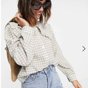 Mango collared gingham blouse in sage